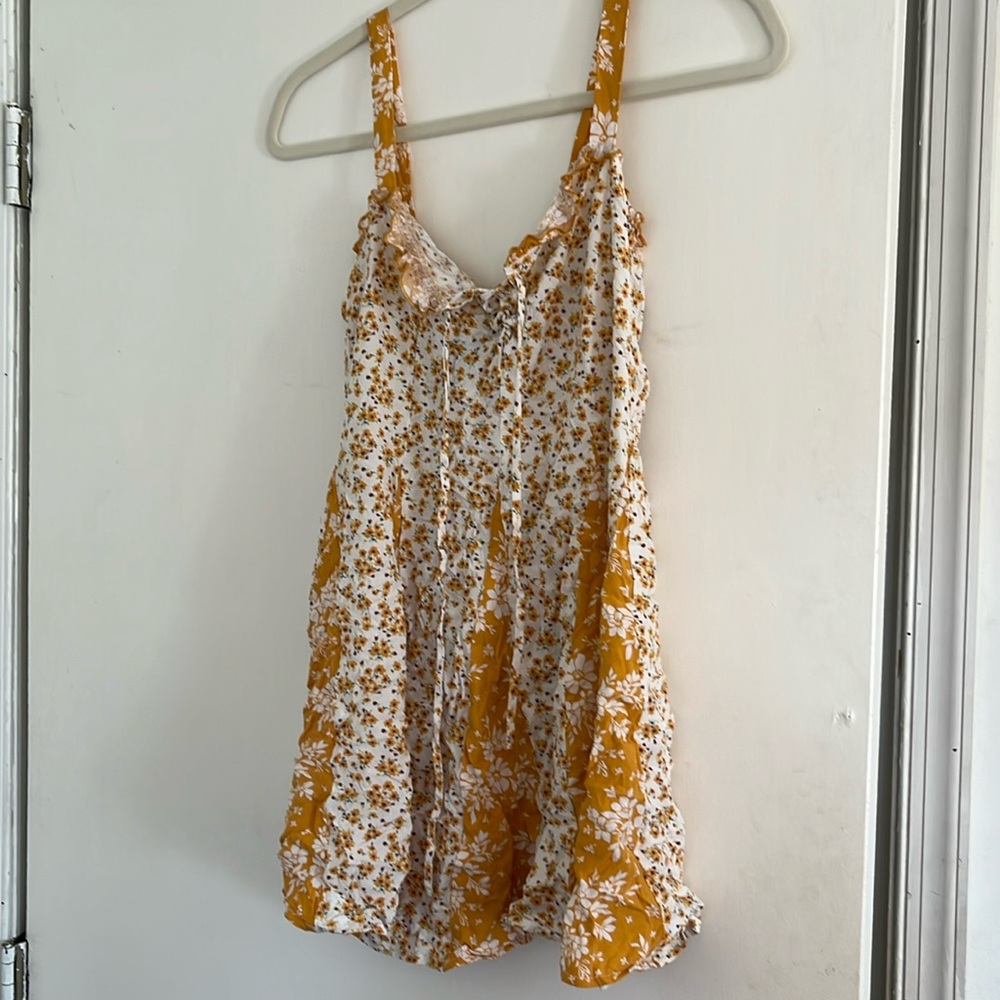 Yellow flower mini dress with tie front